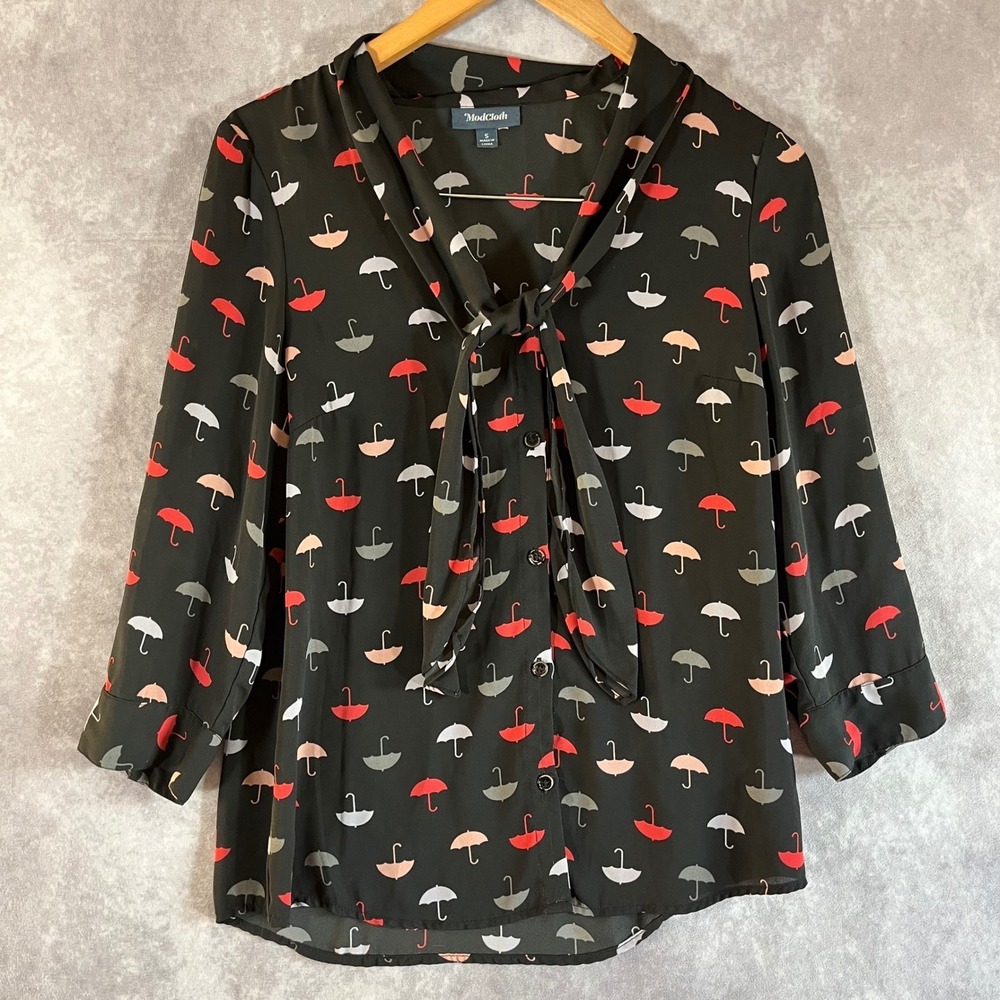 ModCloth Blouse Women Small Black Umbrella Print Bow 3/4 Sleeve Button Down